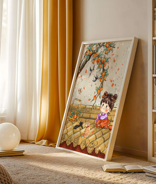 Charming illustration of a child with cats on a rooftop beneath a fruit tree