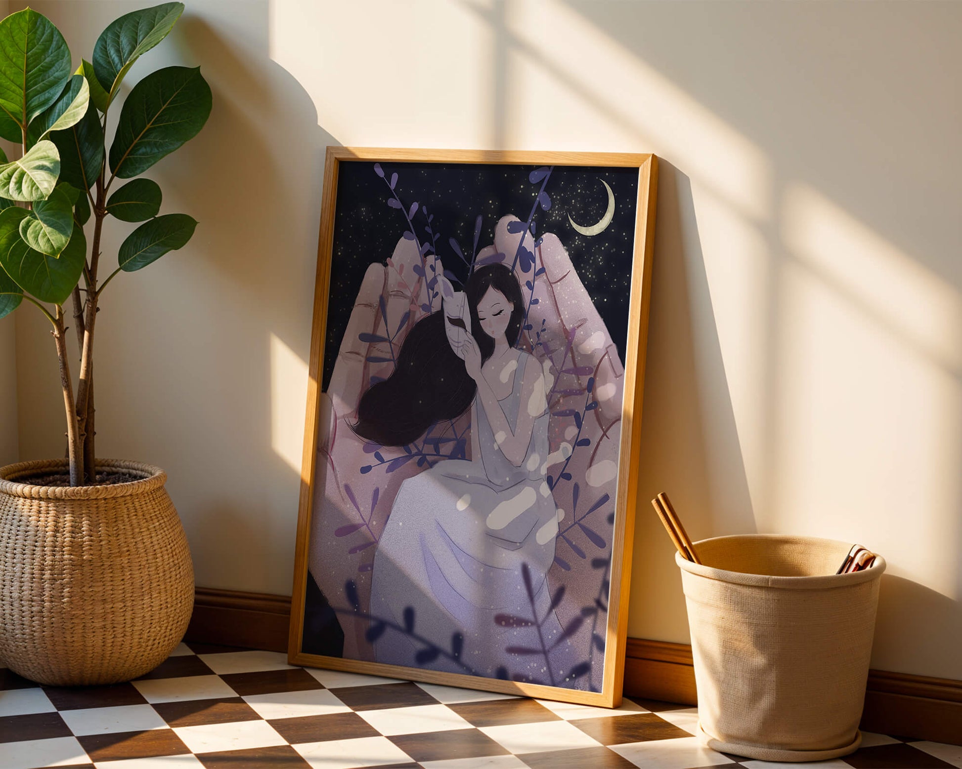 Un momento tierno bajo la luz de la luna con máscara y atmósfera onírica