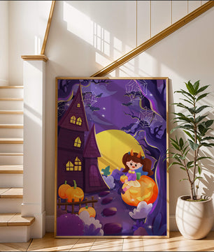 Charming Halloween scene with a girl on a pumpkin near a haunted house
