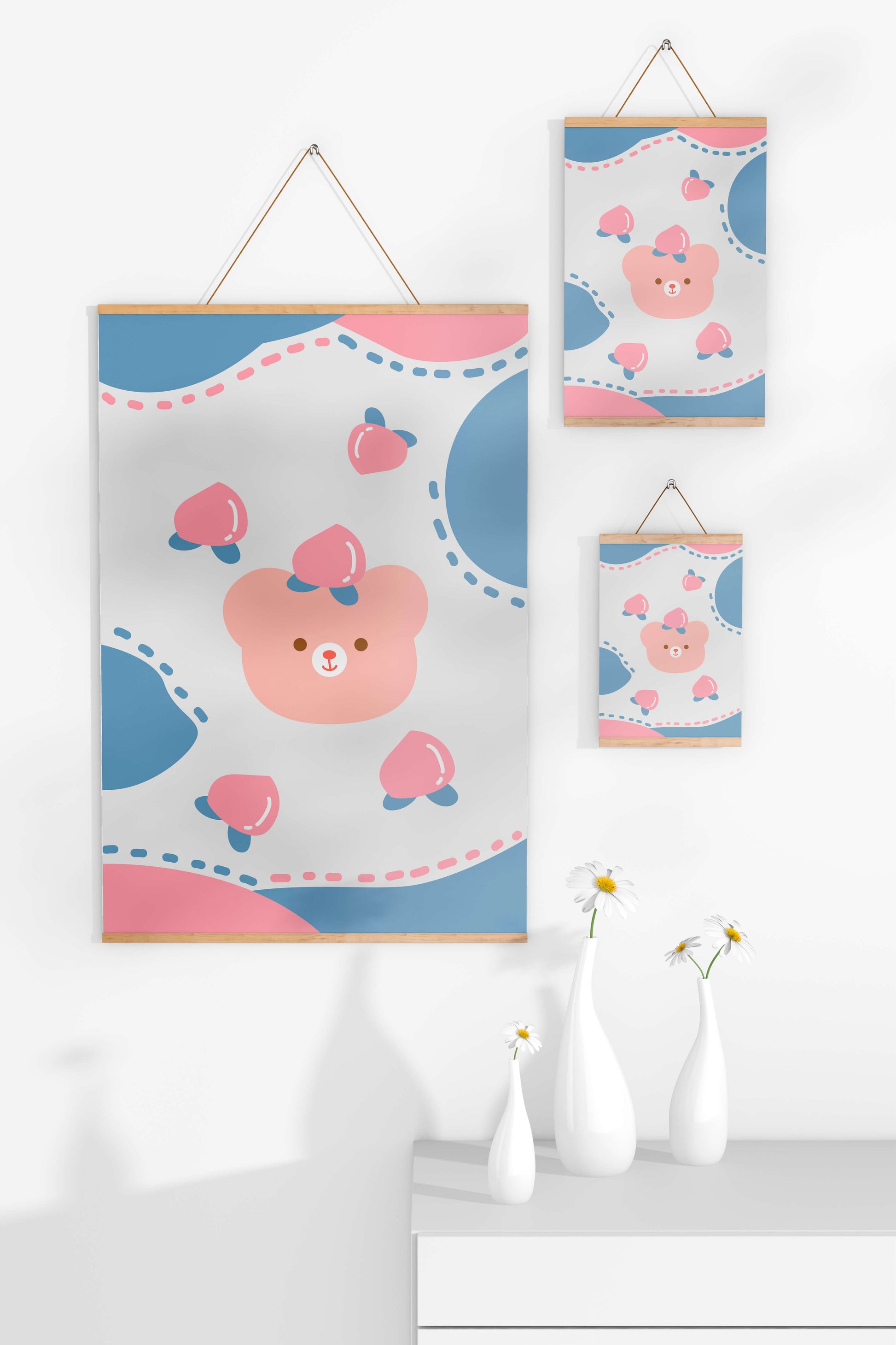 Adorable pastel bear with peaches and dotted background