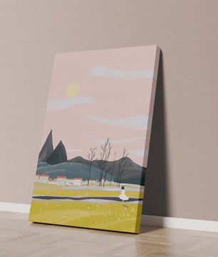 Serene landscape with mountains, village, and a girl under a pink sky