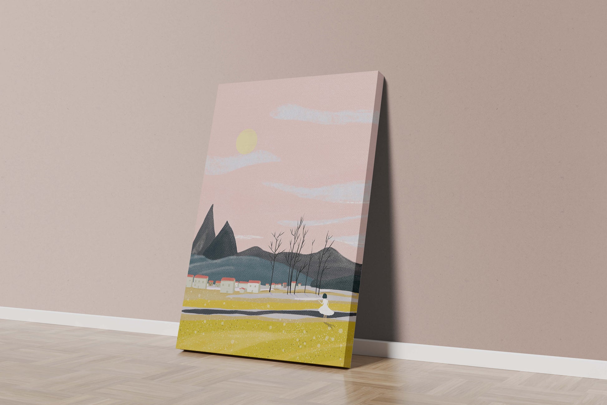 Serene landscape with mountains, village, and a girl under a pink sky