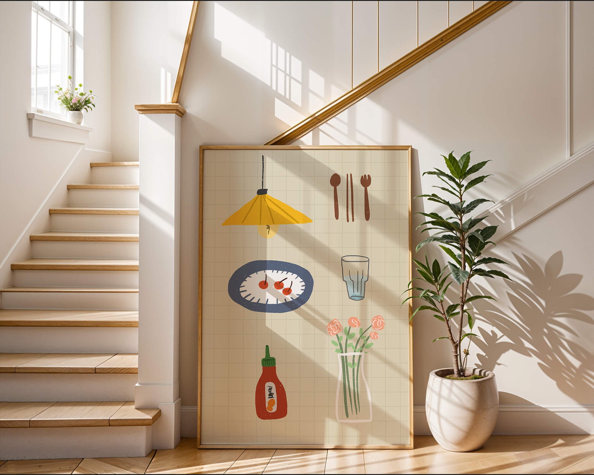Artículos de cocina ilustrados que incluyen lámpara, utensilios y flores