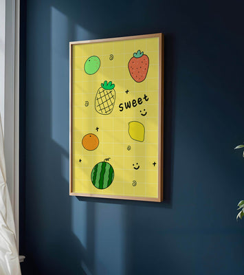 Playful fruit pattern on yellow grid background