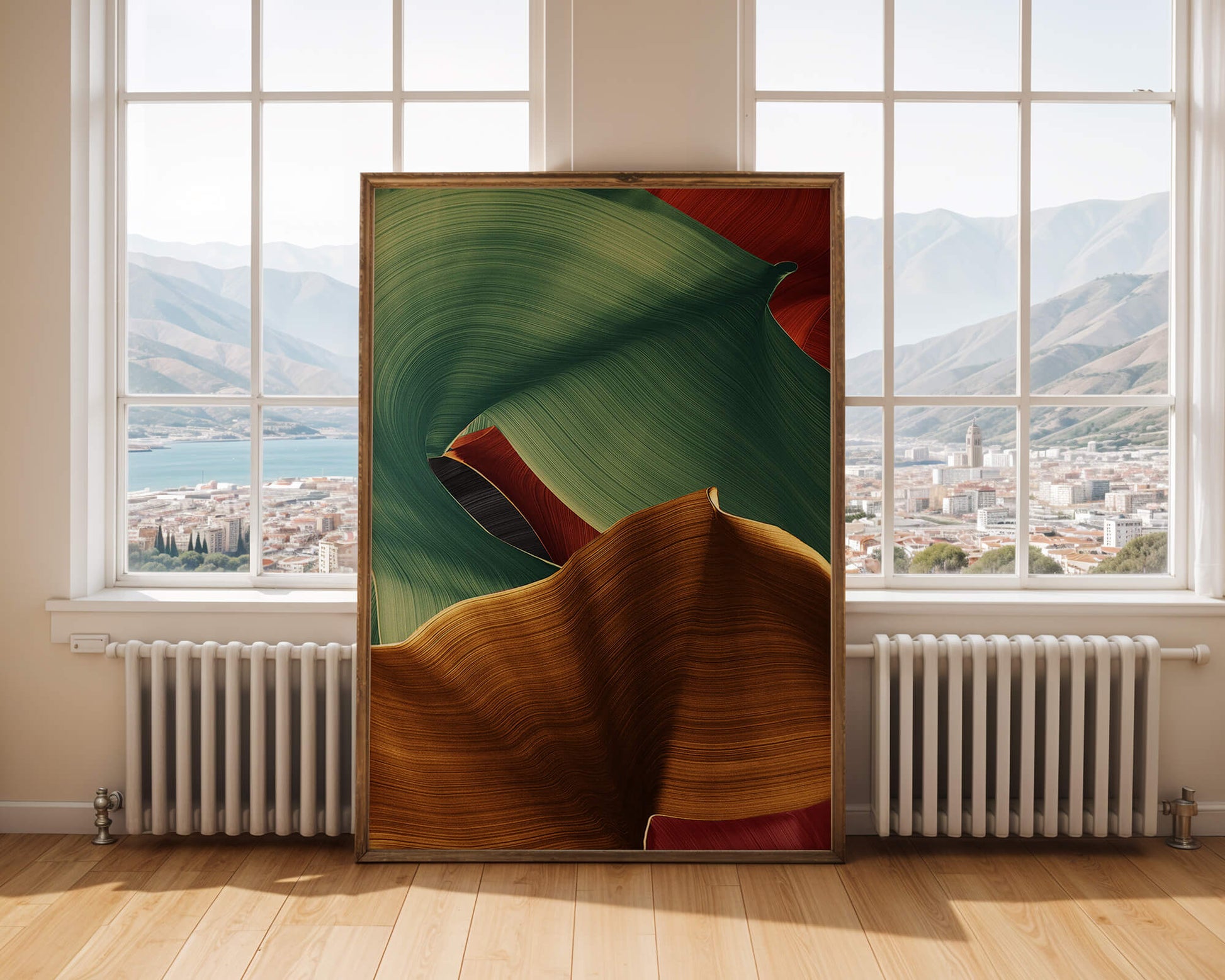 Abstrakte Komposition mit fließenden Texturen in Grün und Gold