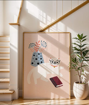 Illustration of playful cat with book and floral vase