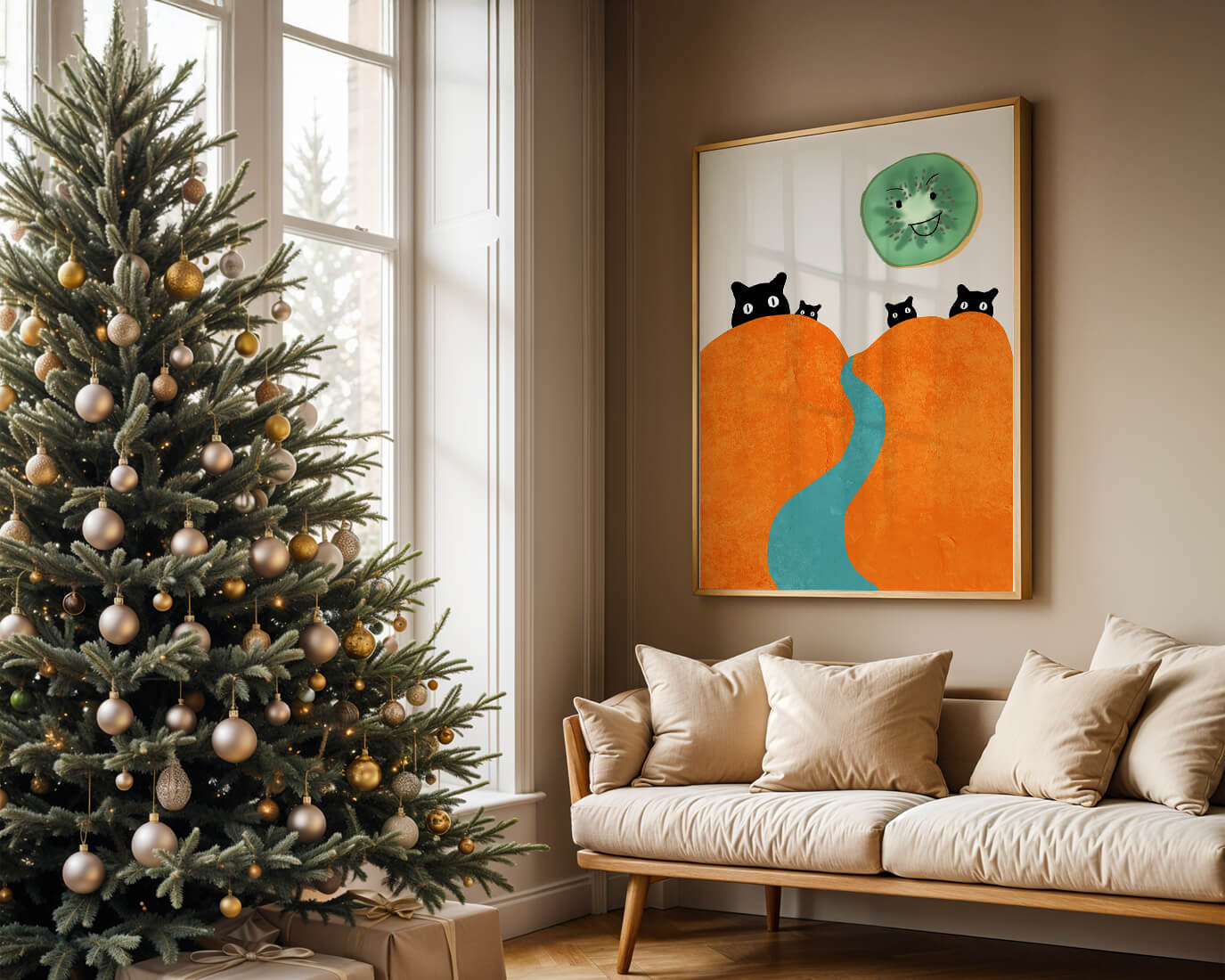 Playful Cats and Smiling Kiwi in Vibrant Hills