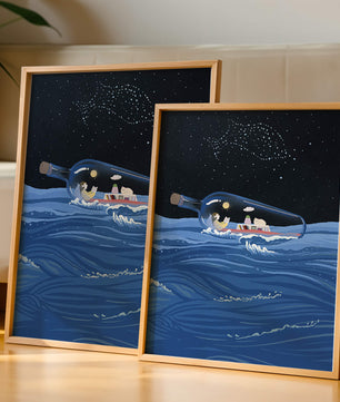 Surreal illustration of a bottle on the ocean with a starry night sky