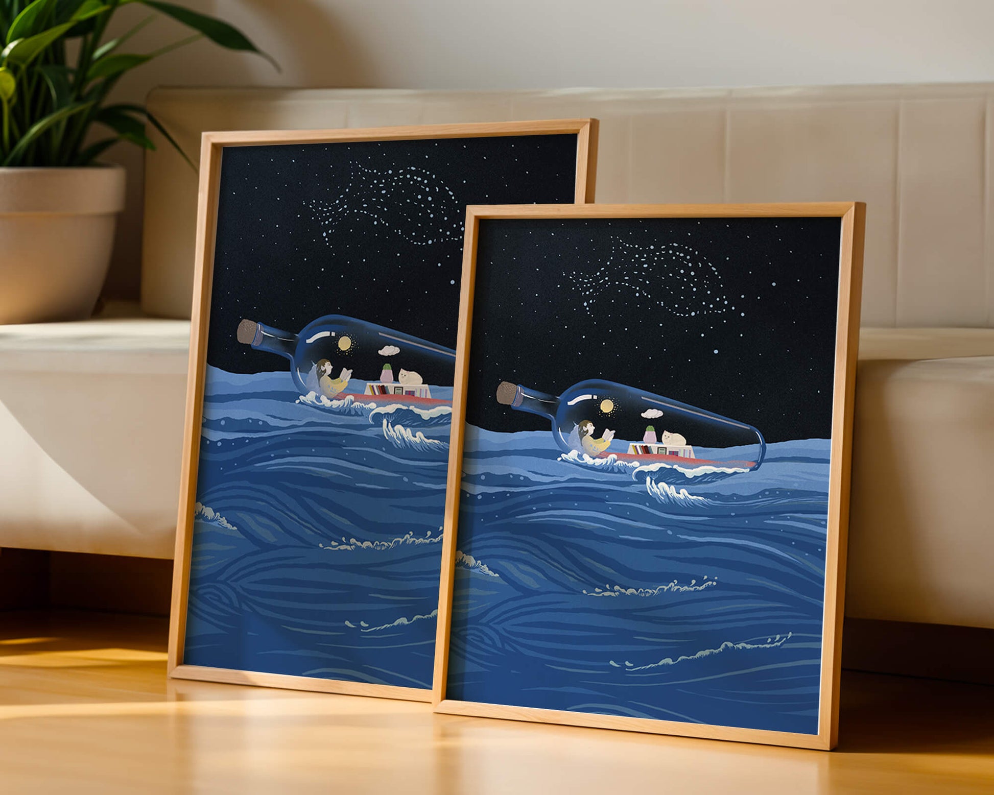 Surreal illustration of a bottle on the ocean with a starry night sky
