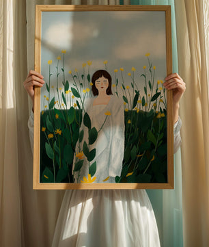 Femme en manteau blanc parmi les fleurs jaunes