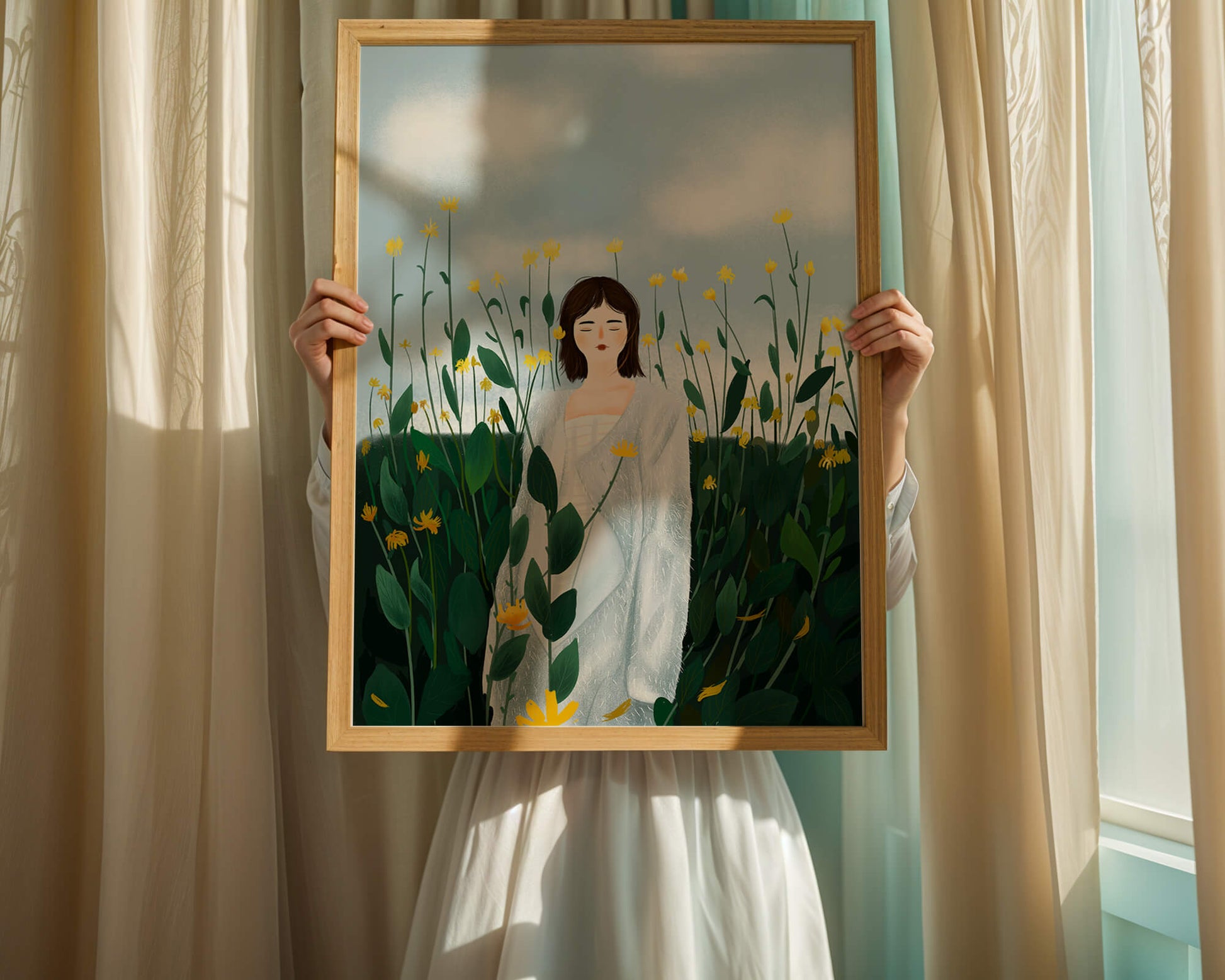 Mujer con abrigo blanco entre flores amarillas