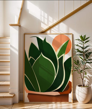 Ilustración contemporánea de una planta serpiente con fondo de amanecer