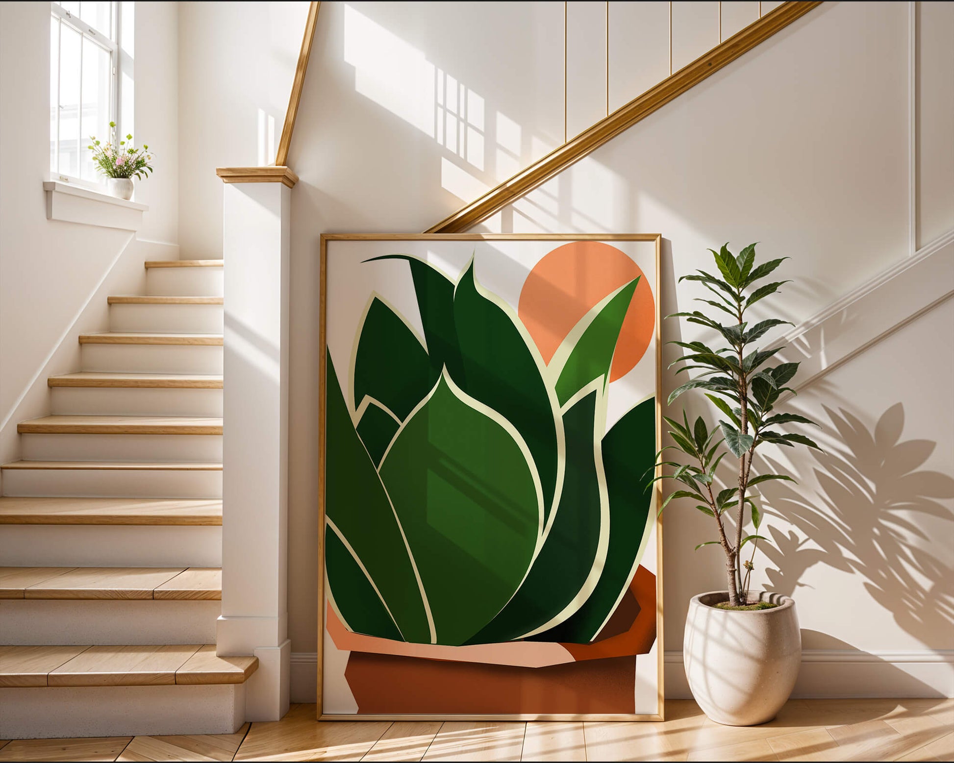 Ilustración contemporánea de una planta serpiente con fondo de amanecer