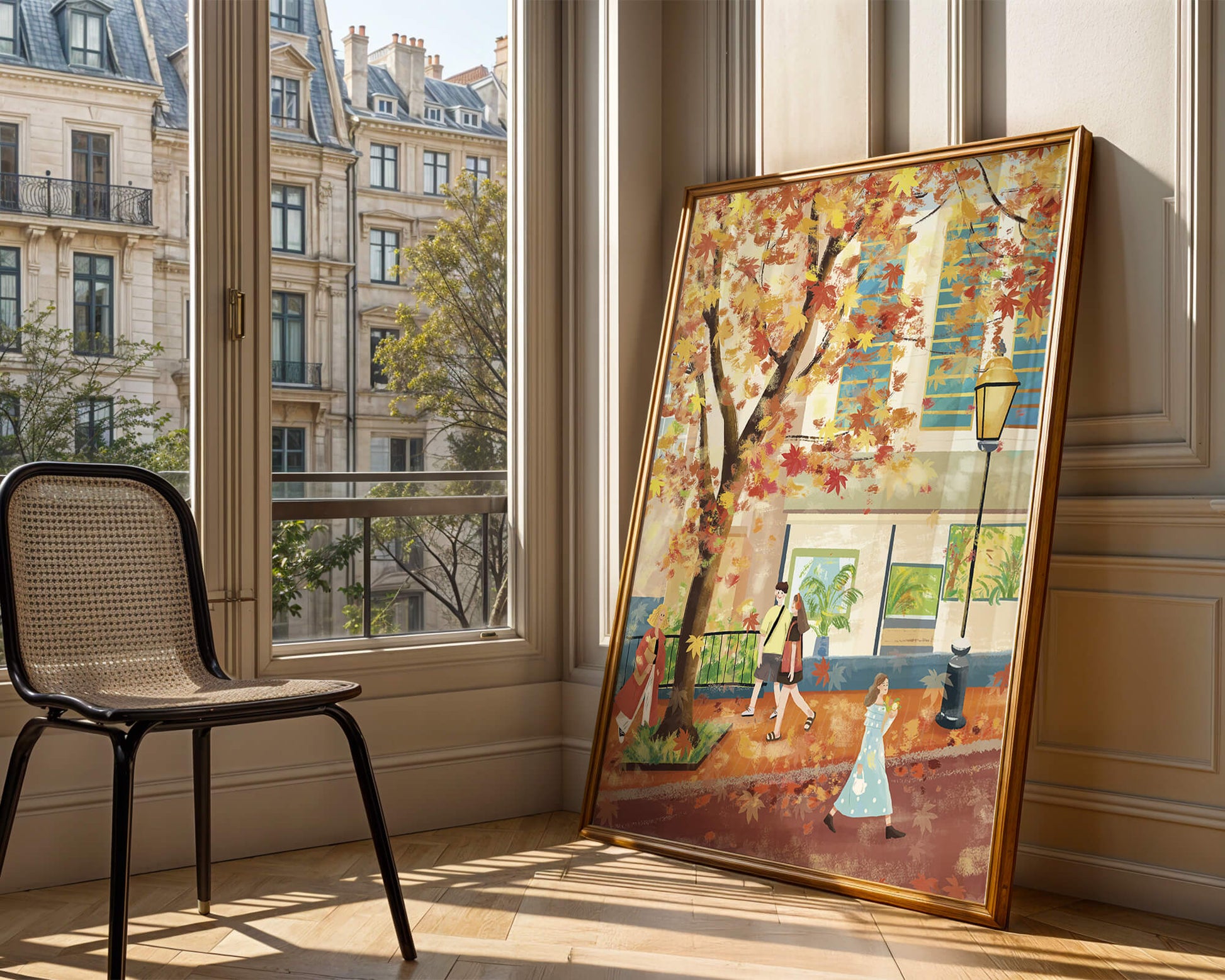 Calle de la ciudad en otoño con hojas coloridas y personas caminando