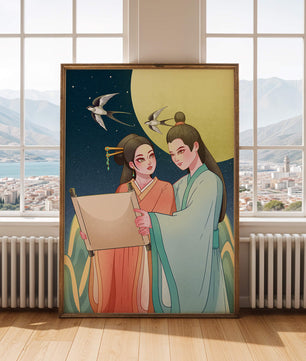 Elegant illustration of traditional attire with scroll and swallows under a full moon