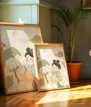 Illustration élégante d'une jeune fille en tenue traditionnelle au milieu de plants de coton