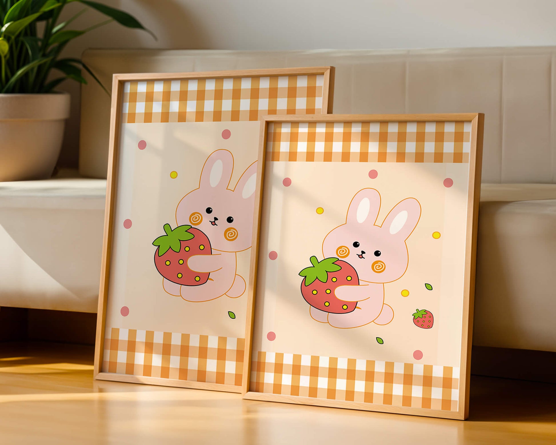 Adorable bunny holding strawberry illustration with gingham pattern