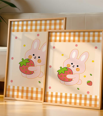 Adorable bunny holding strawberry illustration with gingham pattern