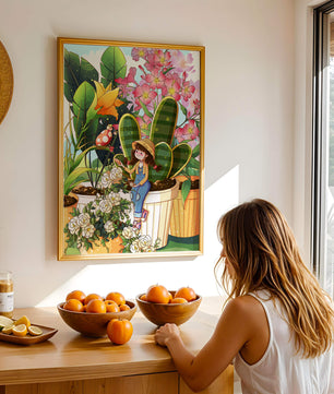 Charmante scène de jardin avec une jeune fille et des fleurs éclatantes