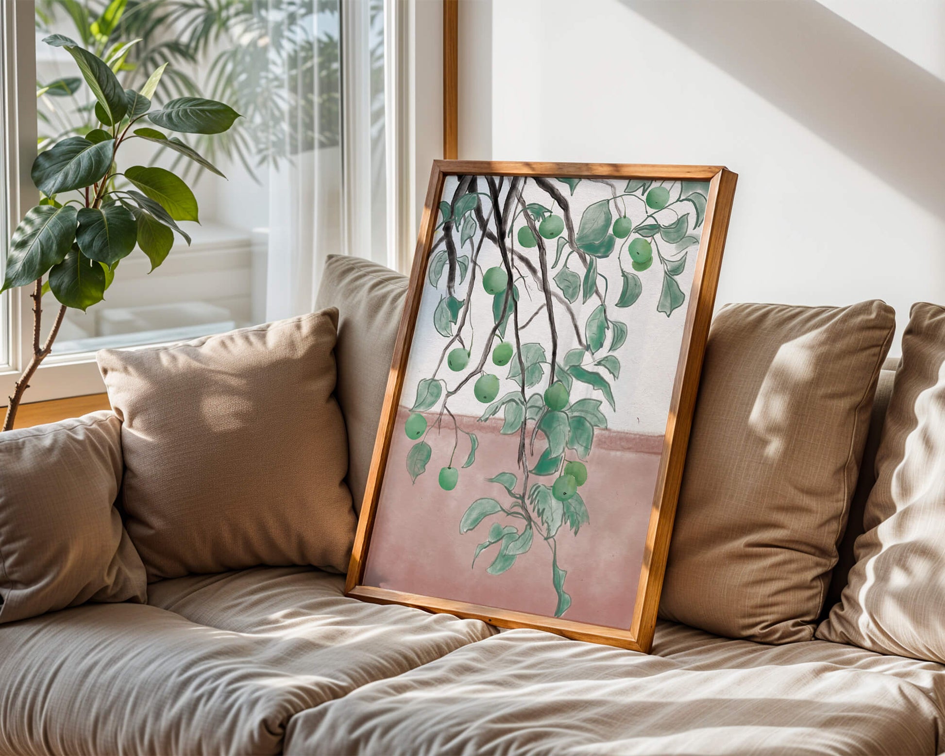 Branches With Green Apples And Leaves Over Pink Background