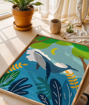 Illustration eines Wals in einer farbenfrohen Waldszene mit Mond und Pflanzen