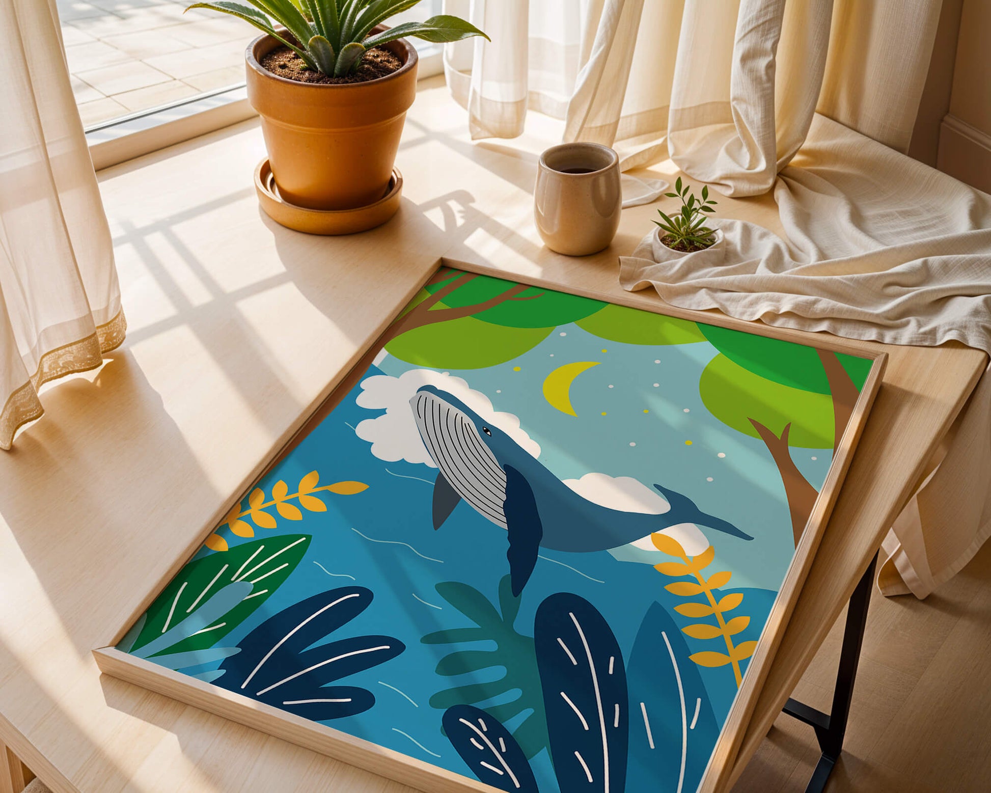 Illustration of a whale in a colorful forest scene with moon and plants