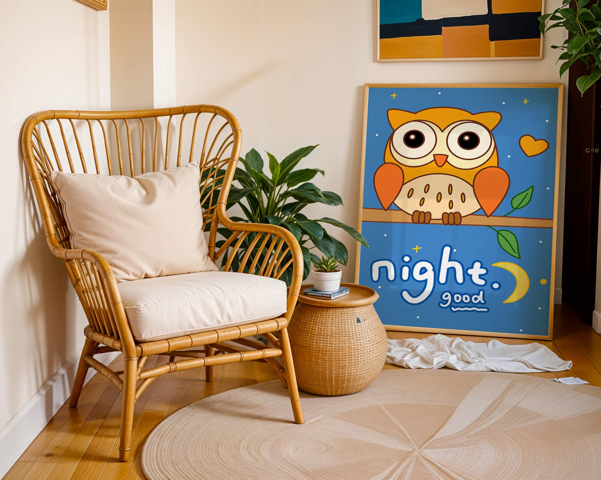 Colorful owl illustration with night theme and positive message
