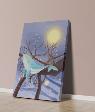 Whale resting on tree branches under starry night sky