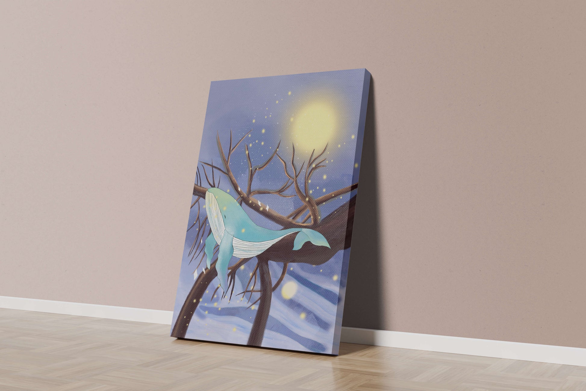 Whale resting on tree branches under starry night sky