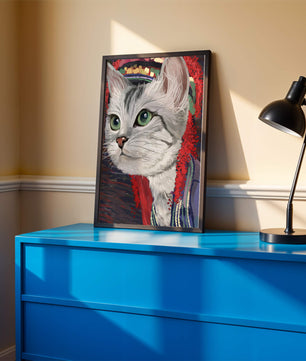 Illustrated cat portrait with colorful accents