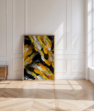 Abstract Composition with Yellow and White Feathers on a Black Background - Mi tienda