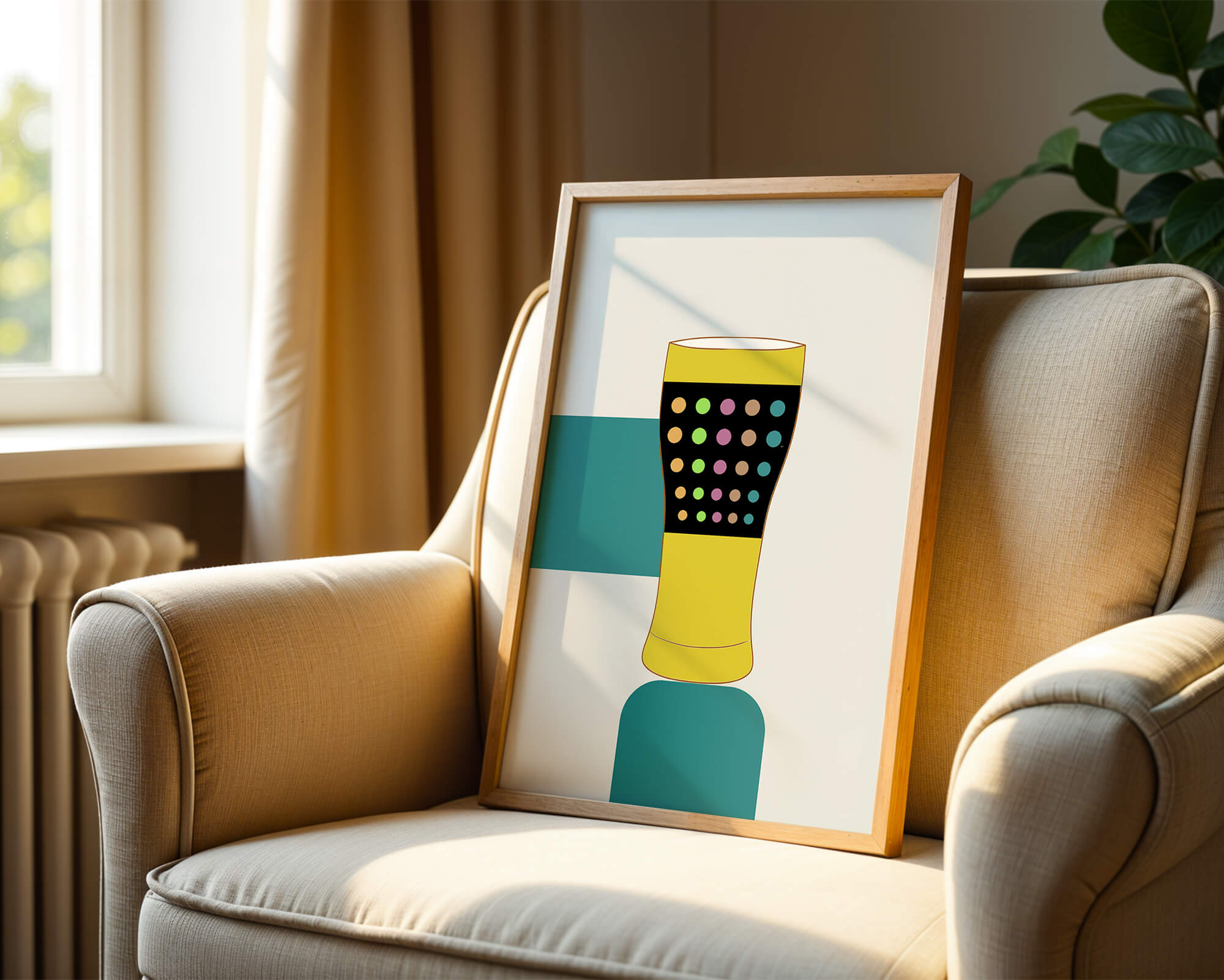 Colorful abstract illustration of a pint glass with dotted pattern