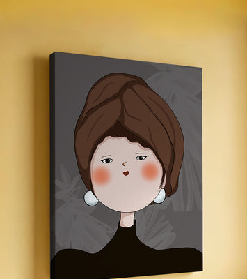 Elegant portrait of a woman with a unique headscarf and expressive features
