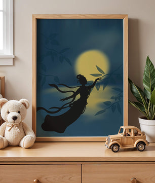 Silhouette of a Woman Reaching for Leaves in Front of a Full Moon