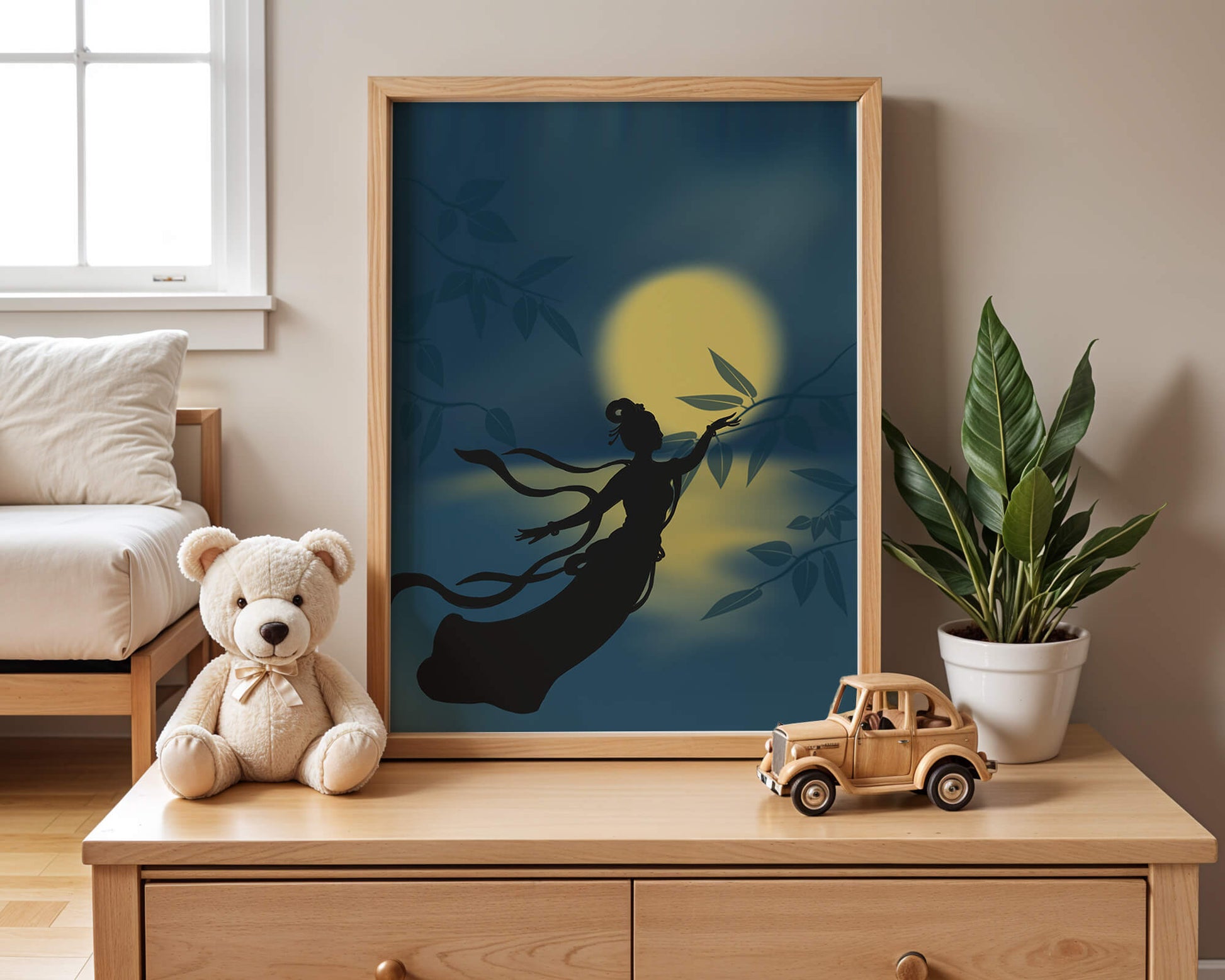 Silhouette of a Woman Reaching for Leaves in Front of a Full Moon