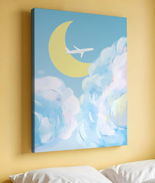 Ilustración de cielo panorámico con avión y luna creciente
