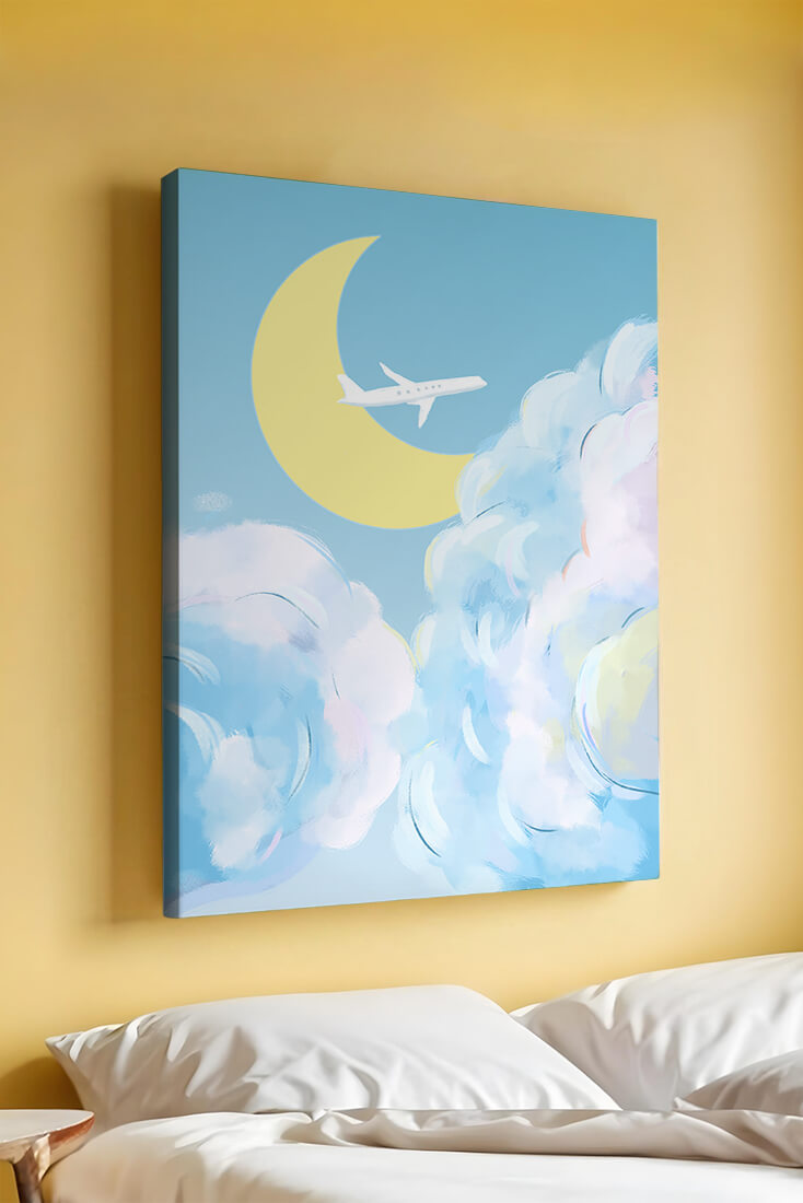 Scenic sky illustration with airplane and crescent moon