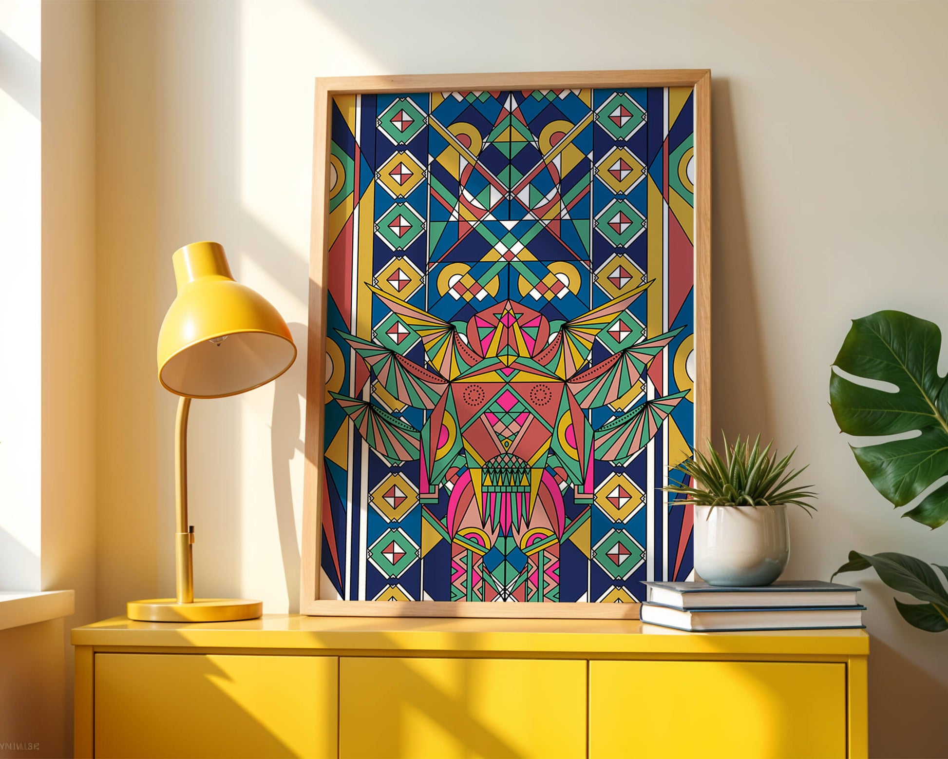 Obra de arte abstracta geométrica colorida con patrones simétricos