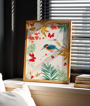 Oiseaux et feuillages colorés dans un décor botanique tropical