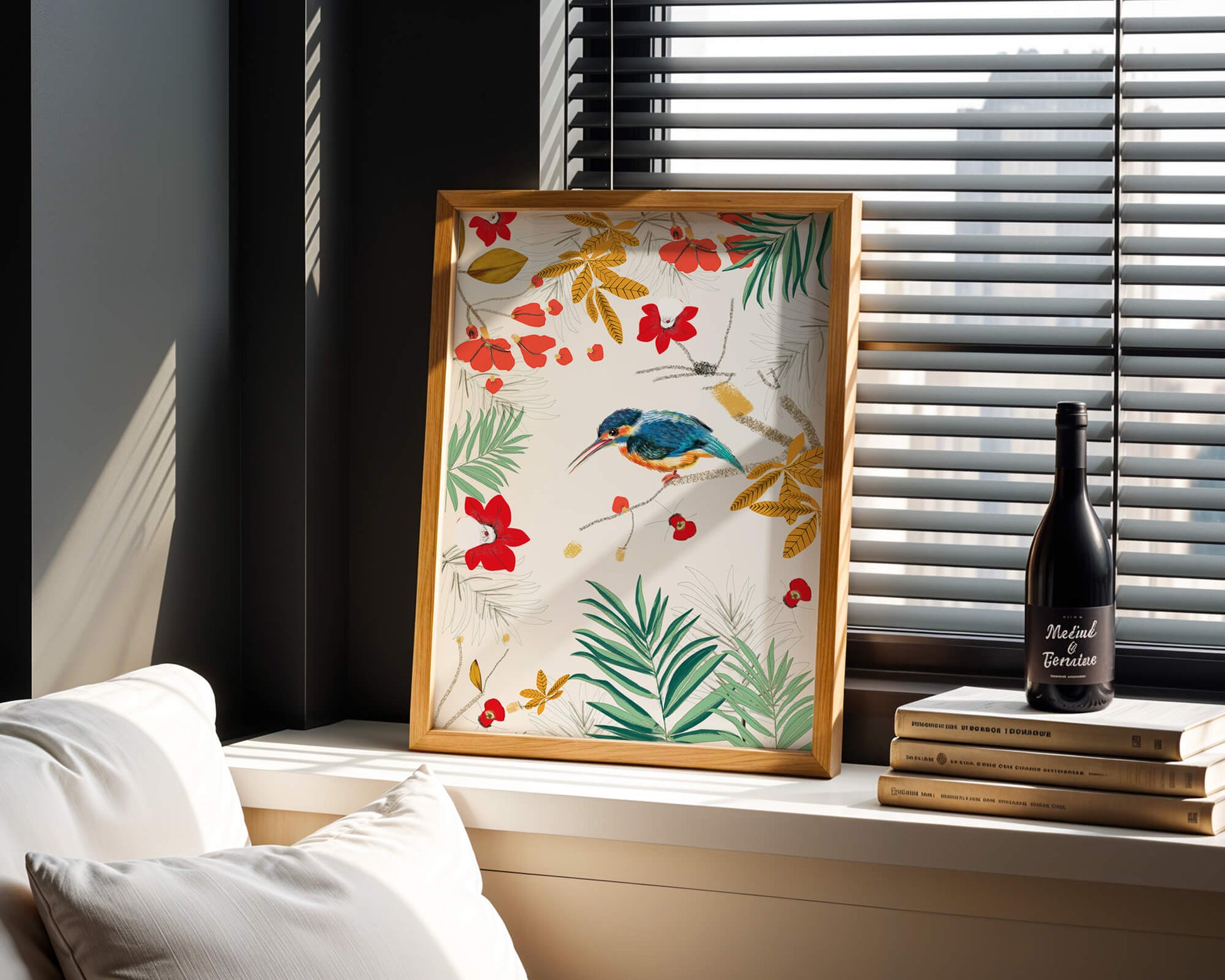Oiseaux et feuillages colorés dans un décor botanique tropical