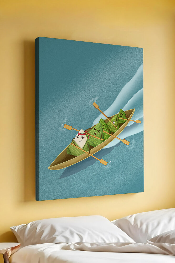 Charming illustration of rice dumplings rowing a boat with expressions