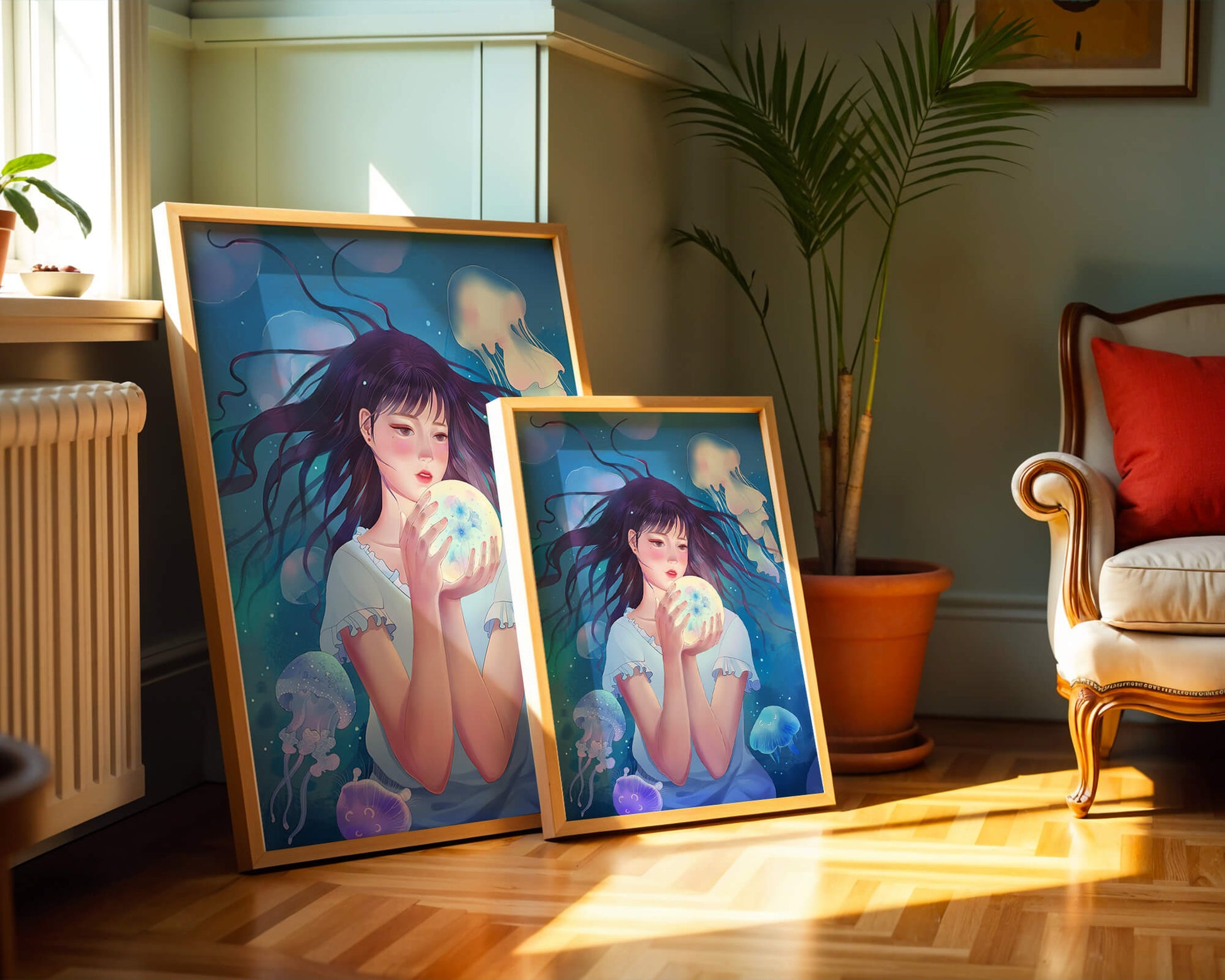 Enchanted underwater scene with girl and glowing jellyfish
