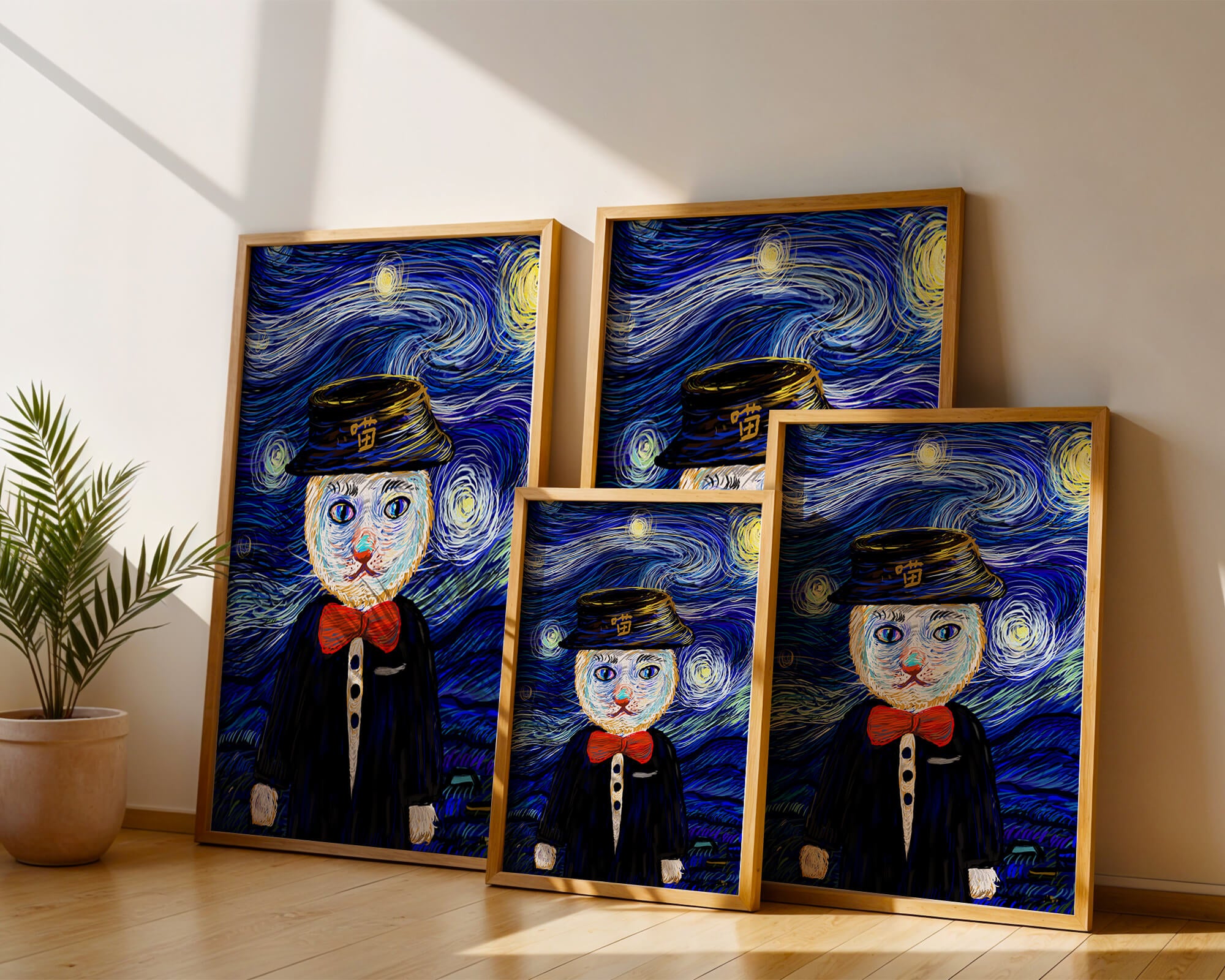 Whimsical cat character against starry night sky background