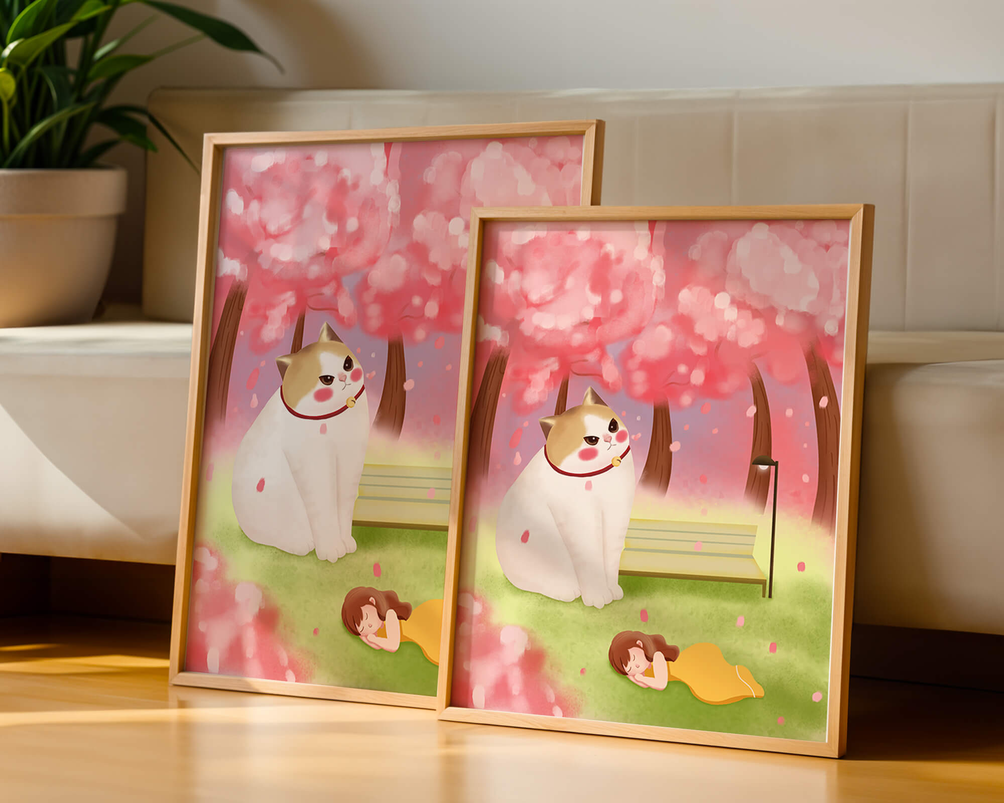 Whimsical scene with giant cat and girl under cherry blossoms