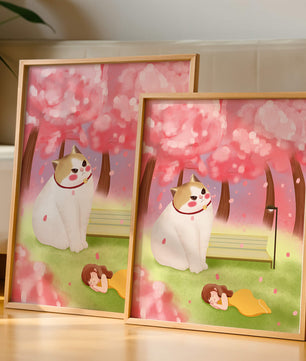 Whimsical scene with giant cat and girl under cherry blossoms