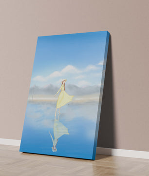 Woman in yellow dress standing on reflective water against clear sky