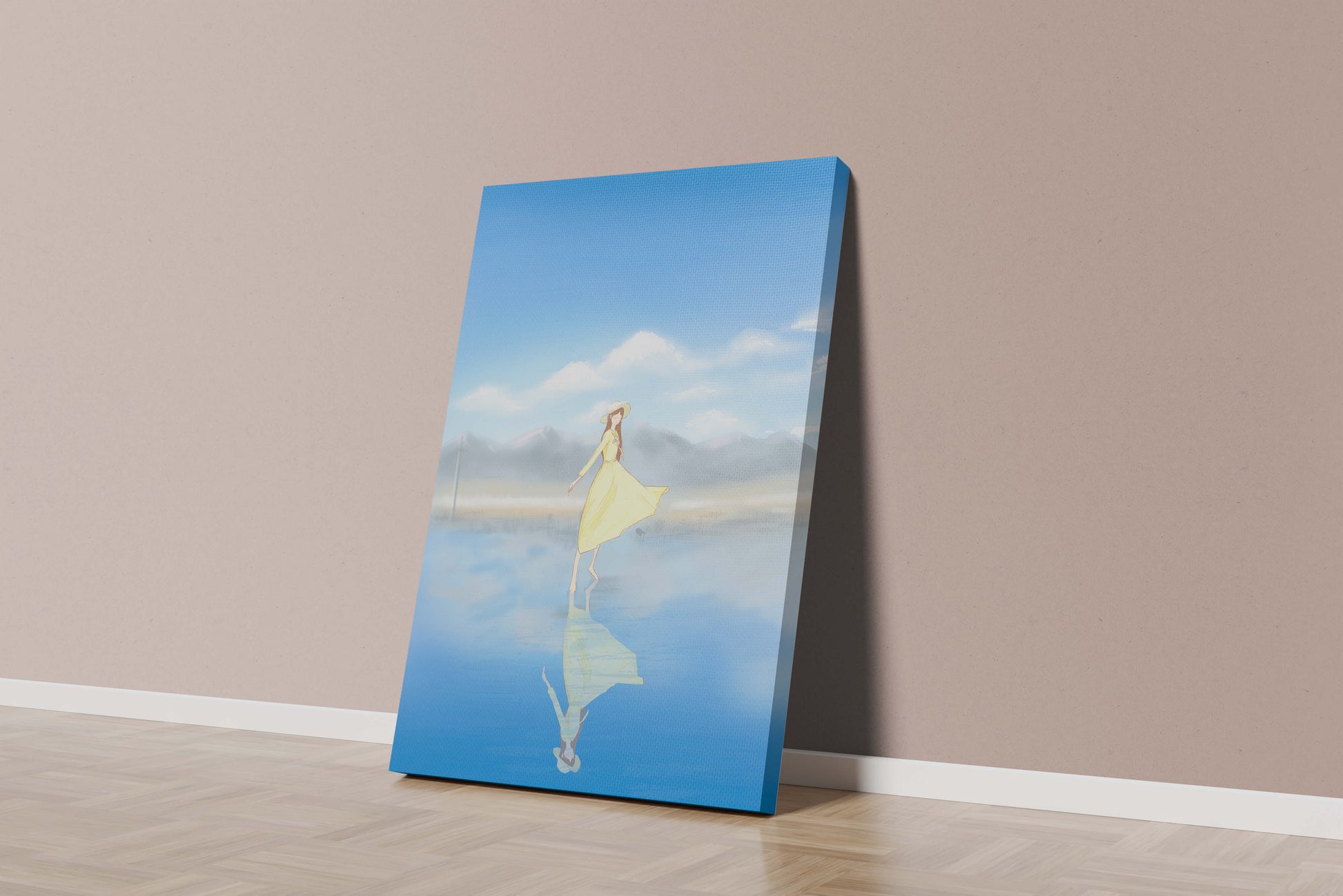 Woman in yellow dress standing on reflective water against clear sky