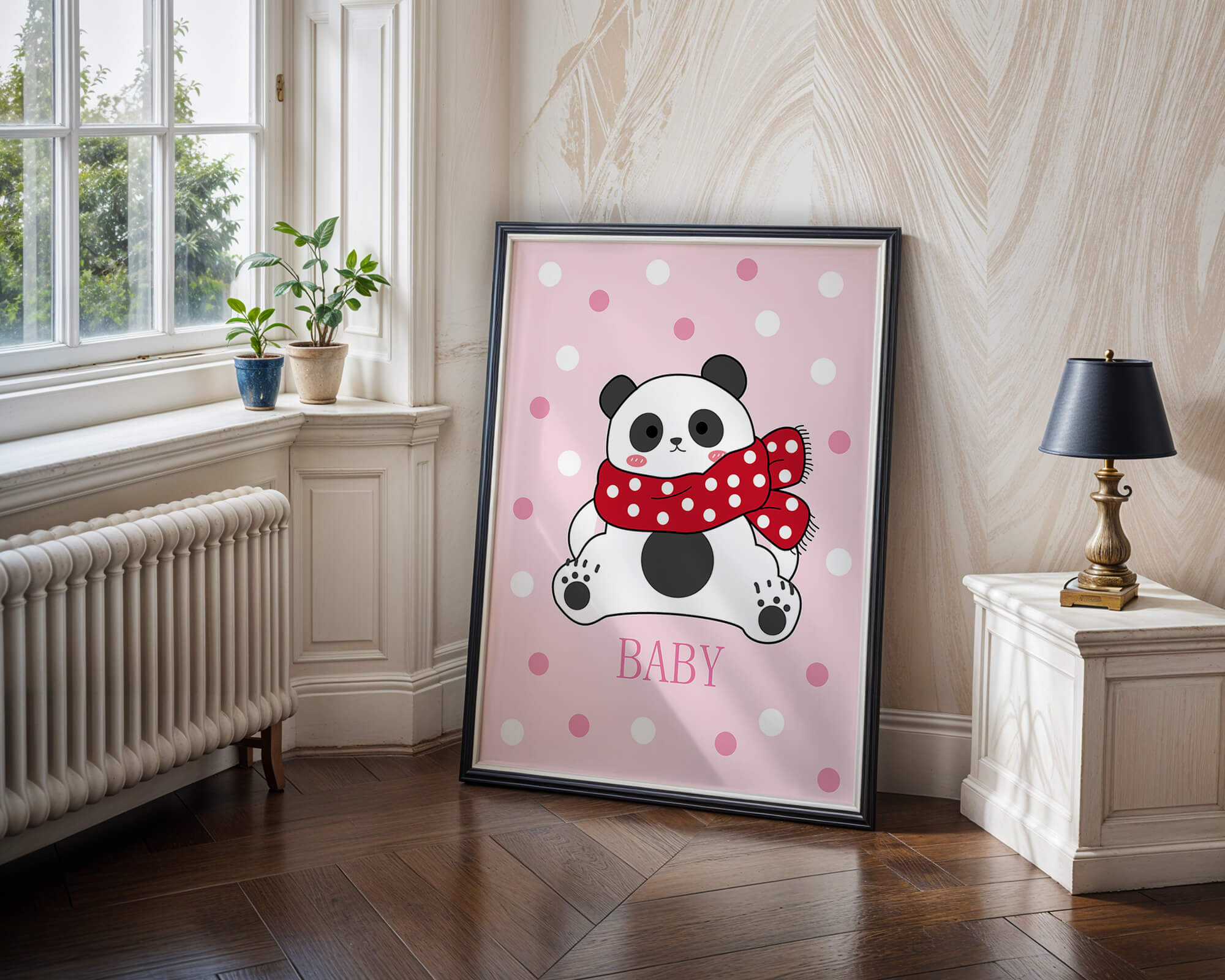 Cartoon panda with red scarf on pink polka dot background
