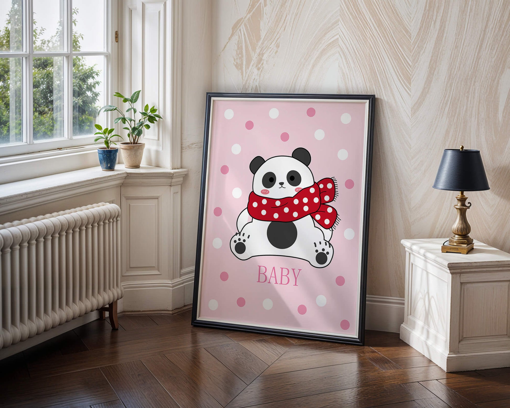 Cartoon panda with red scarf on pink polka dot background