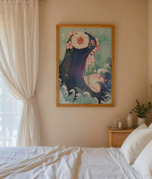 Illustration of a serene woman with floral crown and ocean waves